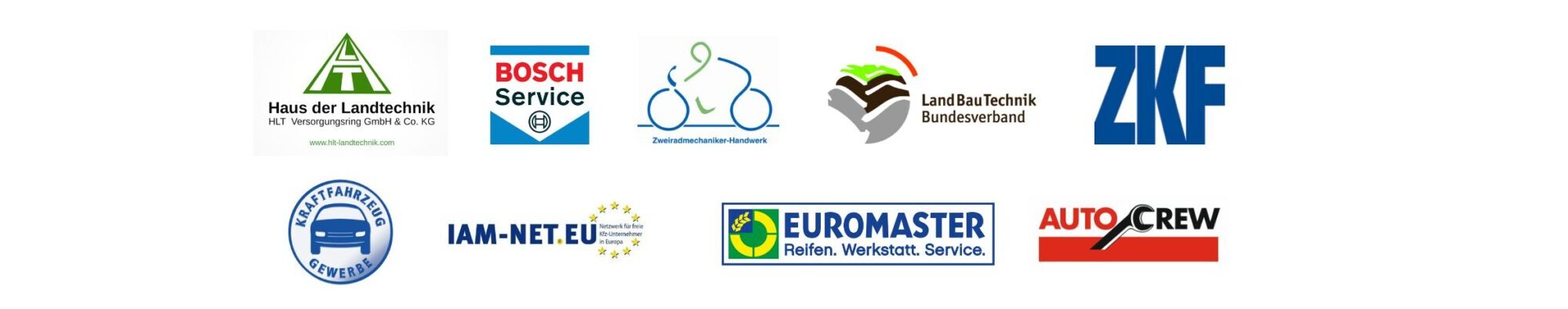 Logos verschiedener Partner und Verbände, darunter Bosch Service, ZKF, EUROMASTER, AutoCrew, LandBauTechnik Bundesverband und Haus der Landtechnik